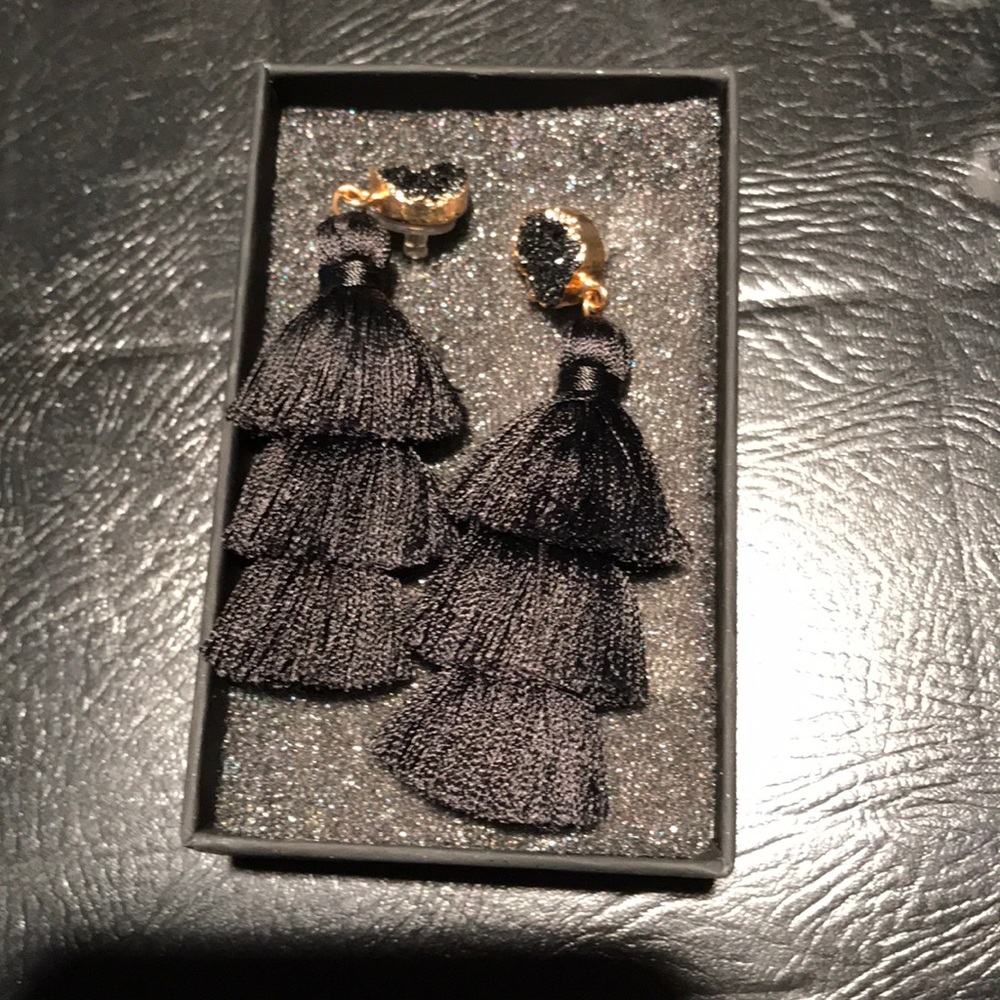 Black, gold post, multi layered earrings
